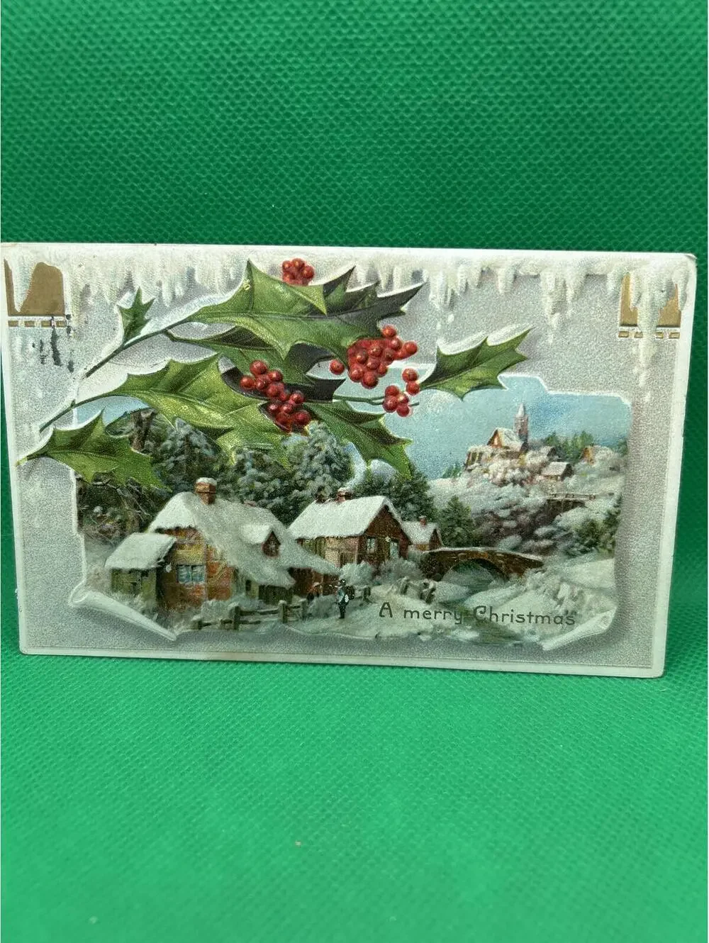 Vintage A Merry Christmas Postcard with Holly and Snowy Village Scene - Box1